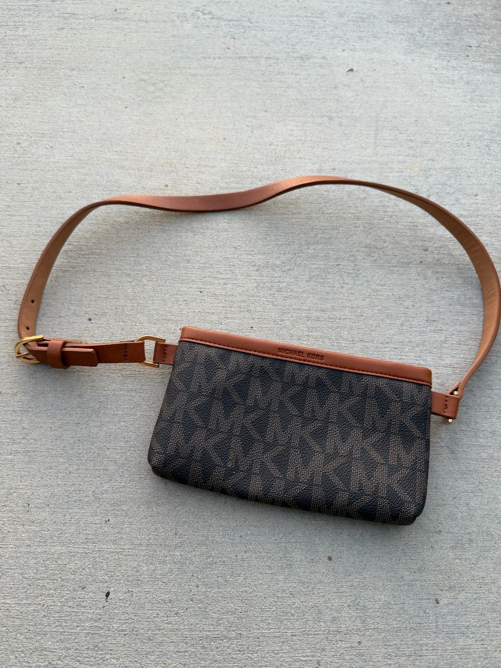 Michael Kors Signature Logo Belt Bag Fanny Pack Brown Leather Trim